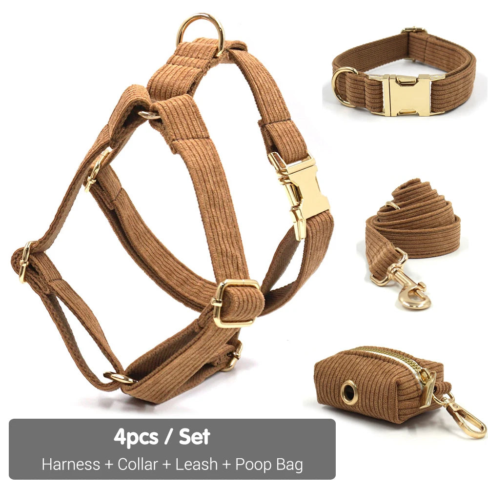 GLORIOUS KEK Luxury Corduroy Dog Harness, Collar & Leash Set