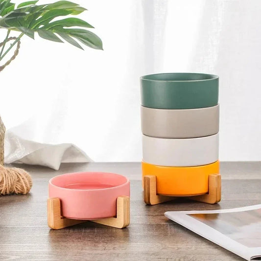 Minimalist Ceramic Double Pet Bowl with Wooden Stand