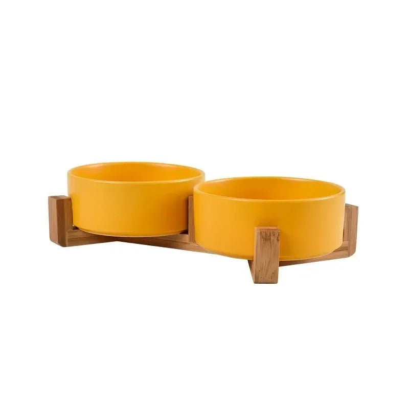Minimalist Ceramic Double Pet Bowl with Wooden Stand