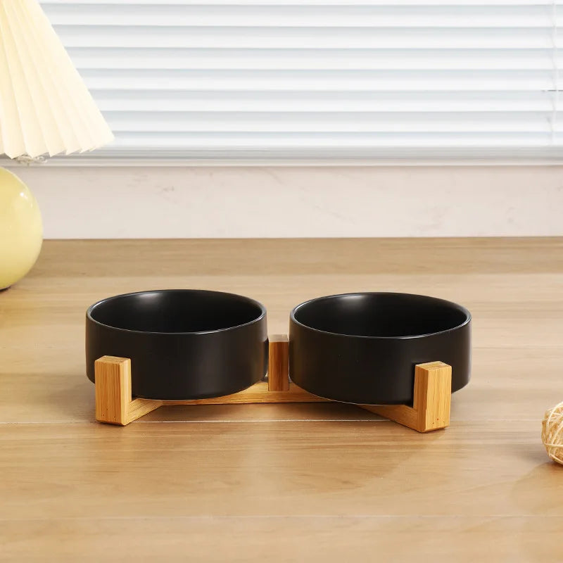 Minimalist Ceramic Double Pet Bowl with Wooden Stand