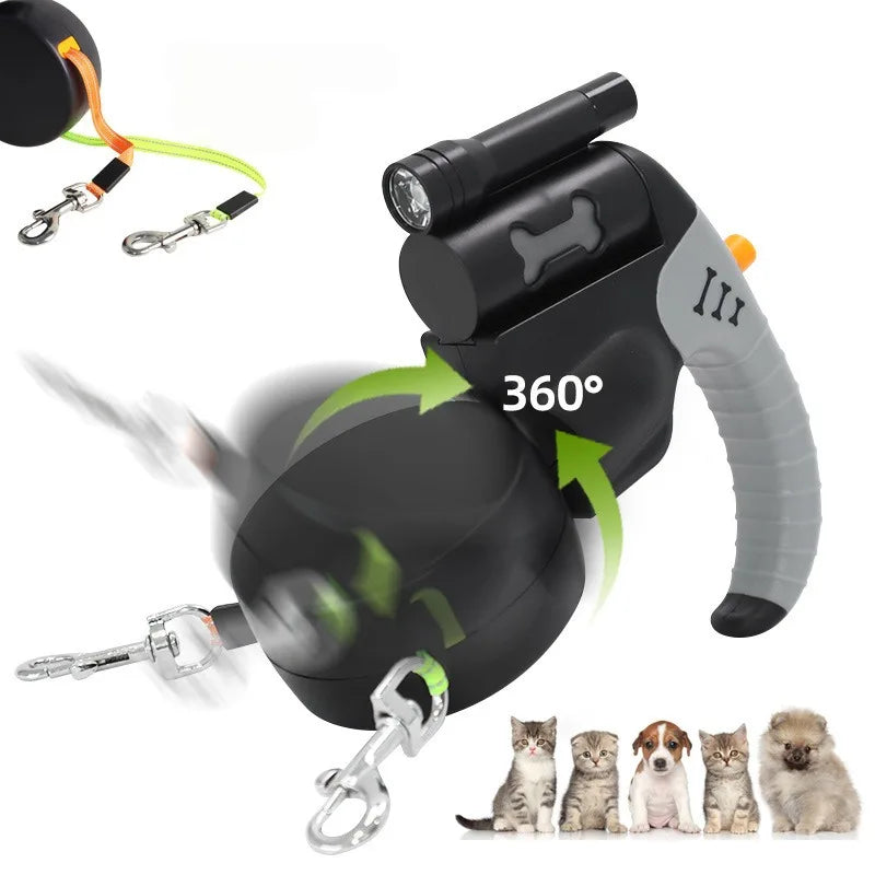 360° Tangle-Free Double Retractable Dog Leash with LED Flashlight