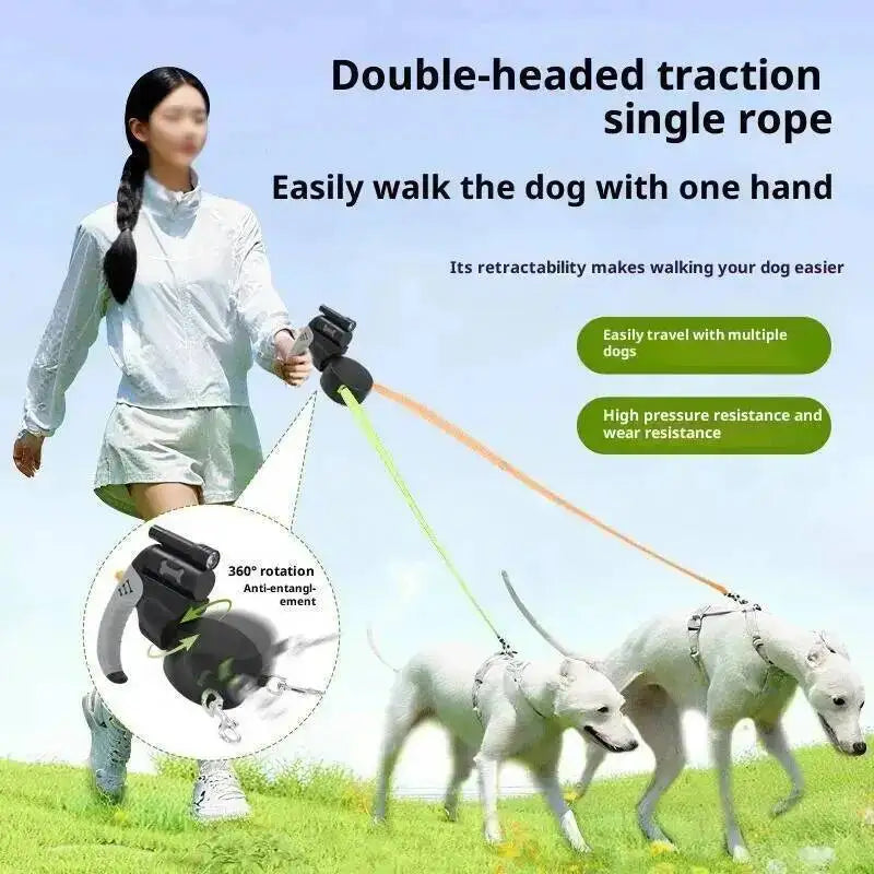 360° Tangle-Free Double Retractable Dog Leash with LED Flashlight