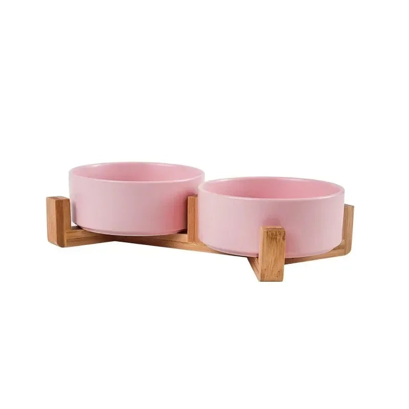 Minimalist Ceramic Double Pet Bowl with Wooden Stand