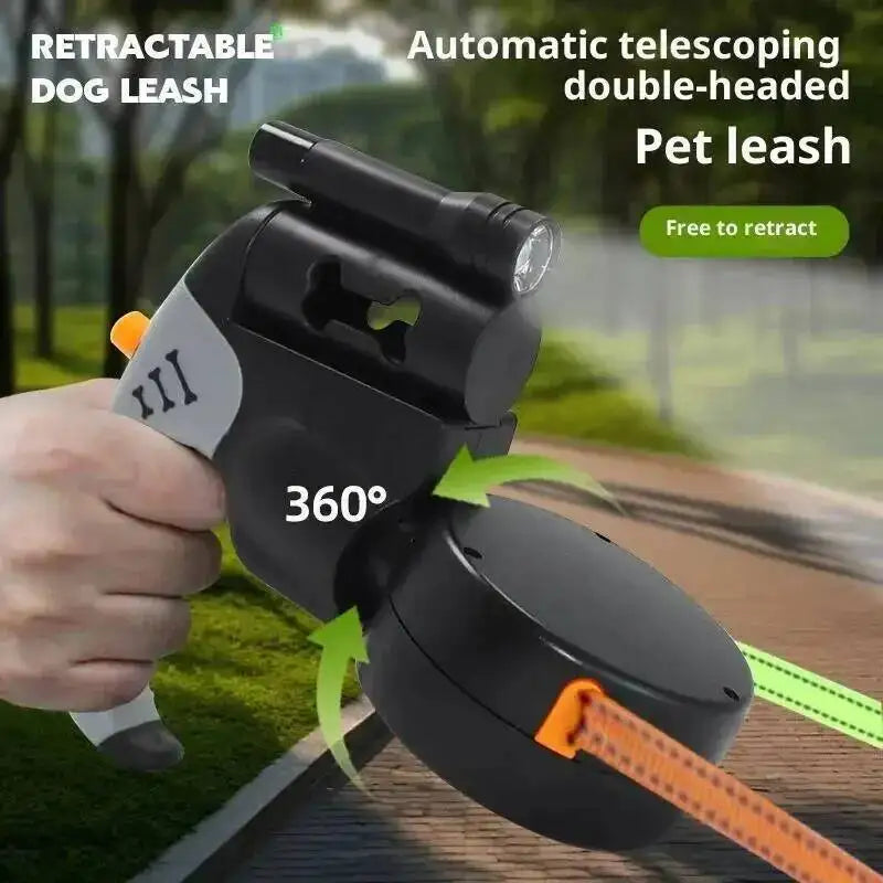 360° Tangle-Free Double Retractable Dog Leash with LED Flashlight