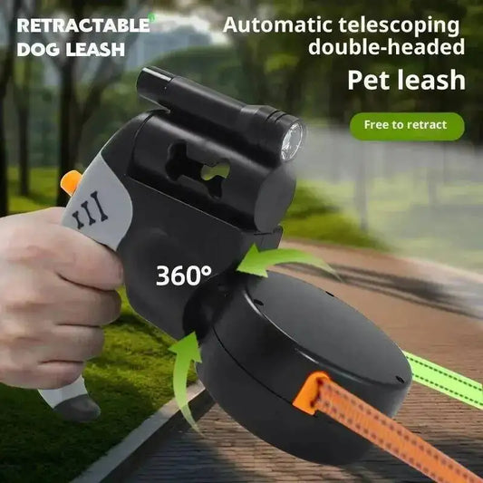 360° Tangle-Free Double Retractable Dog Leash with LED Flashlight