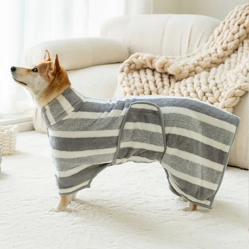 booteely™ Striped Plush Coral Fleece Pet Bath Towel & Spa Robe