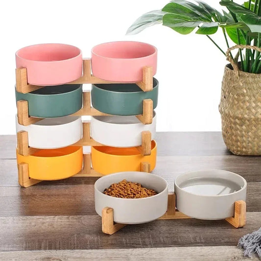Minimalist Ceramic Double Pet Bowl with Wooden Stand
