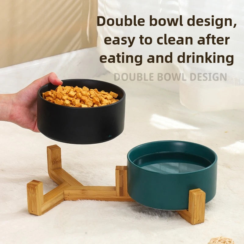 Minimalist Ceramic Double Pet Bowl with Wooden Stand