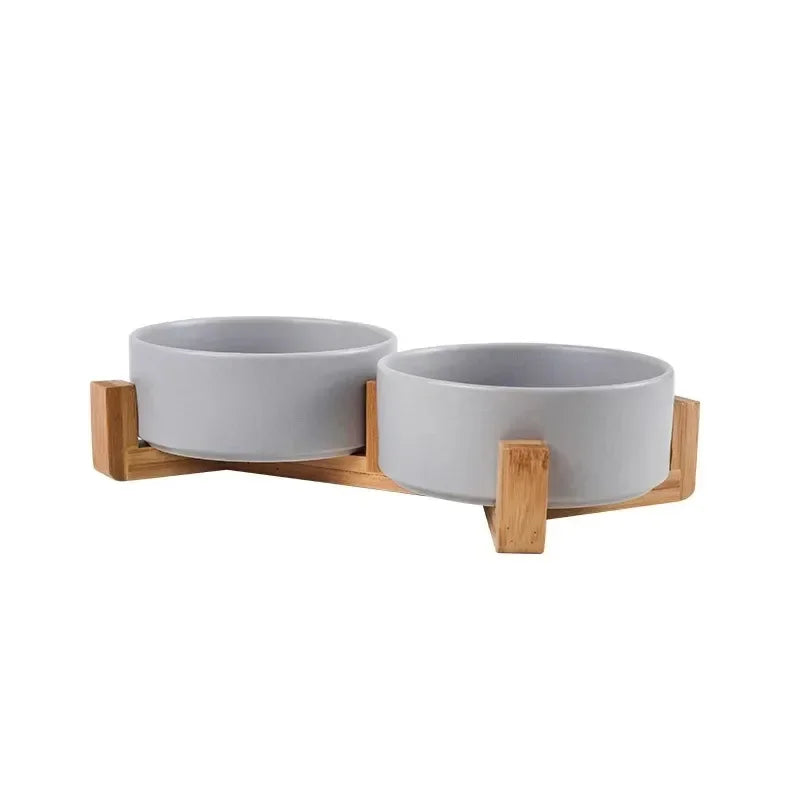 Minimalist Ceramic Double Pet Bowl with Wooden Stand