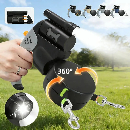 360° Tangle-Free Double Retractable Dog Leash with LED Flashlight