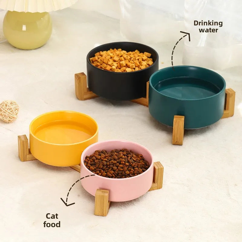 Minimalist Ceramic Double Pet Bowl with Wooden Stand