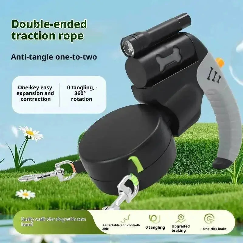 360° Tangle-Free Double Retractable Dog Leash with LED Flashlight