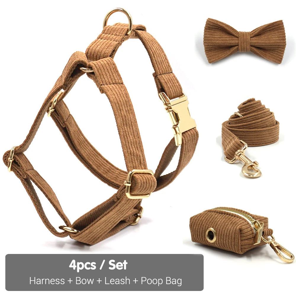 GLORIOUS KEK Luxury Corduroy Dog Harness, Collar & Leash Set