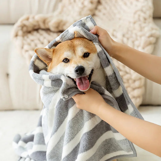 booteely™ Striped Plush Coral Fleece Pet Bath Towel & Spa Robe