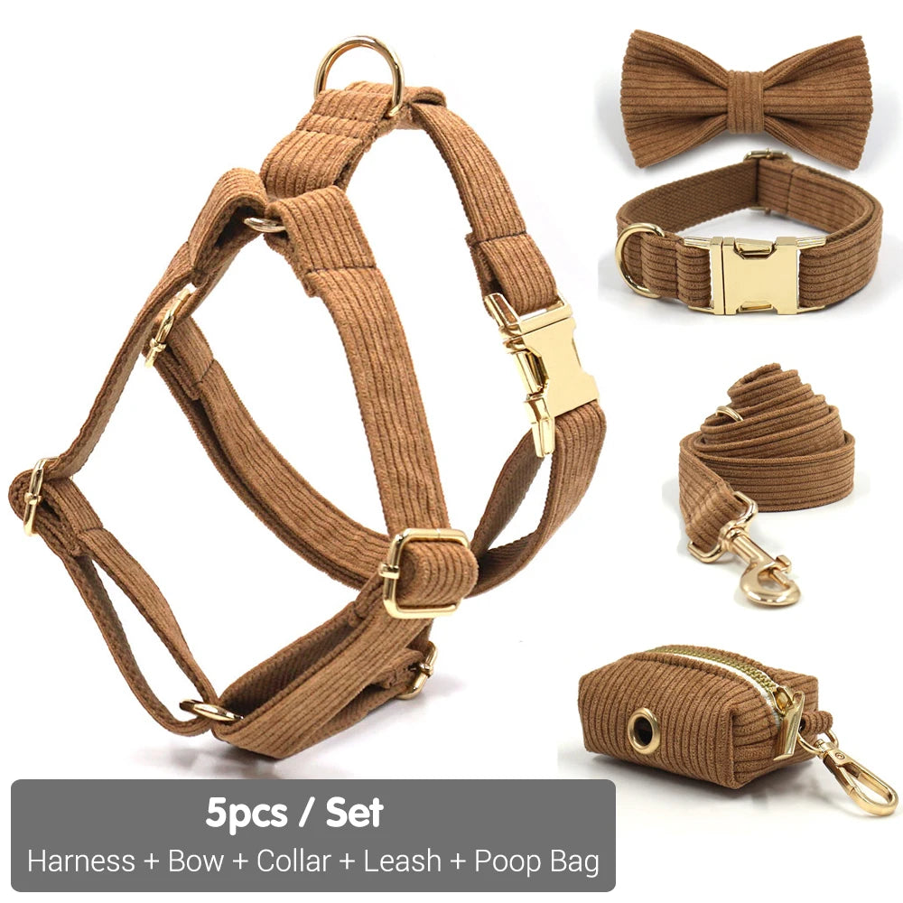 GLORIOUS KEK Luxury Corduroy Dog Harness, Collar & Leash Set